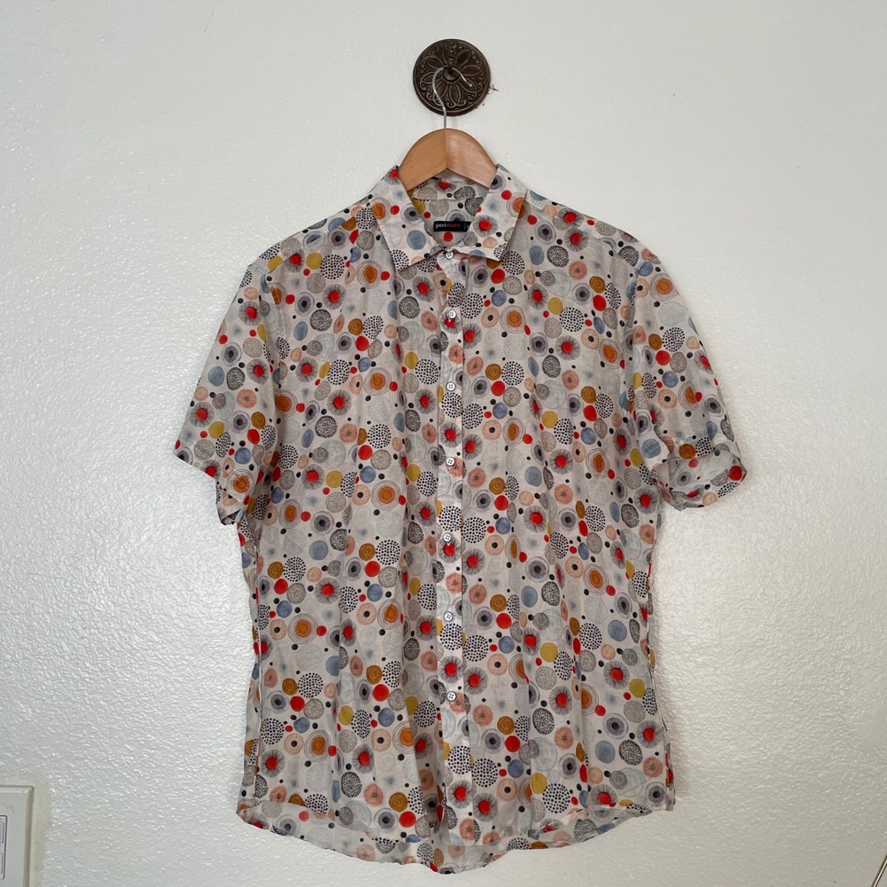 Postmarc Mens XL Short Sleeve Button Up Shirt Abstract Geometric Circle Print